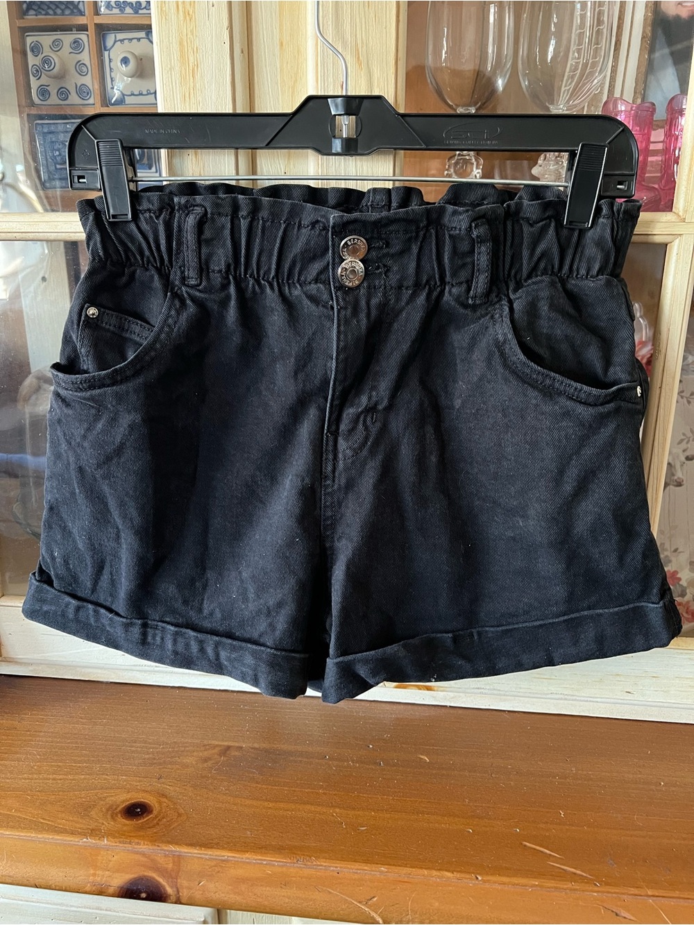 Bershka Womens Black Denim High Waist Frill Roll Up Hem Shorts Size 4